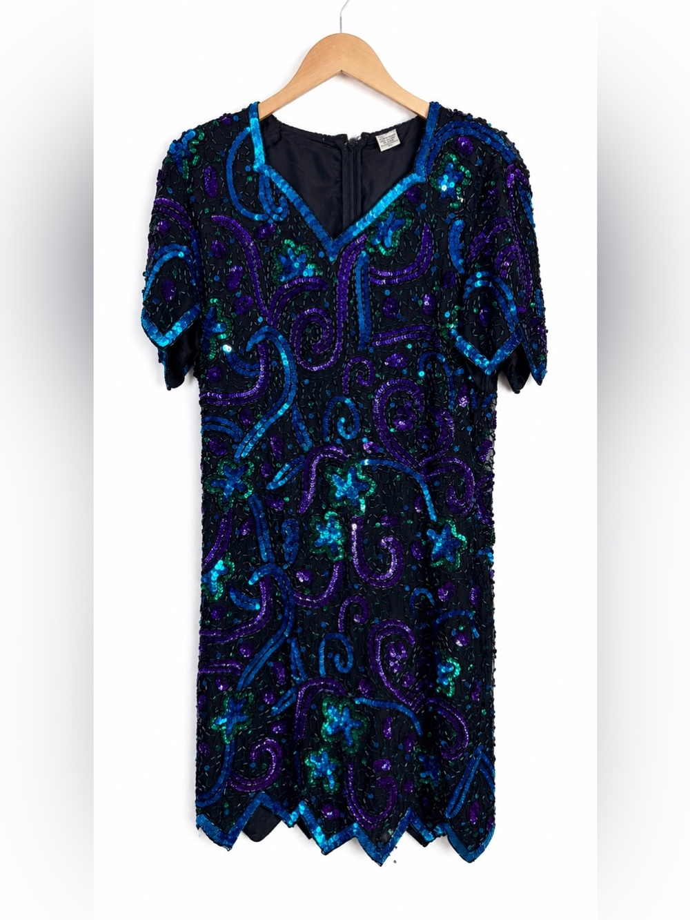Vintage Black Beaded Sequin Cocktail Dress Blue Purple Evening Party Midi Glam